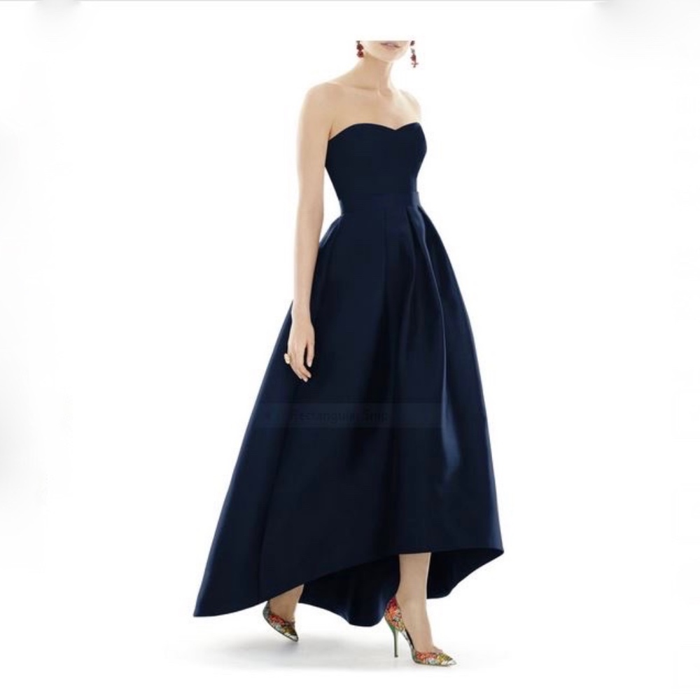 Alfred Sung Strapless High/Low Satin Twill Gown